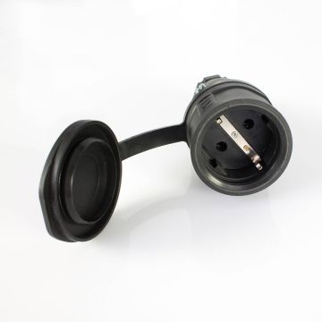 Stromkabelkupplung / Schutzkontakt mit Deckel, gummi, robust, schwarz, IP44