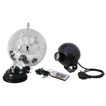 Discokugel-Set NIGHT FEVER mit silberner Kugel und LED-RGB-Strahler, Ø 20cm