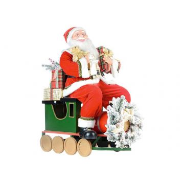 Santa JOSEF auf einer Eisenbahn, mit Geschenken und Teddy, rot-weiß, 90cm