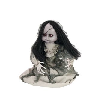 Halloween Horror Puppe BARLETTA mit Bewegungsfunktion, Geistergeräusche, LEDs, 45cm